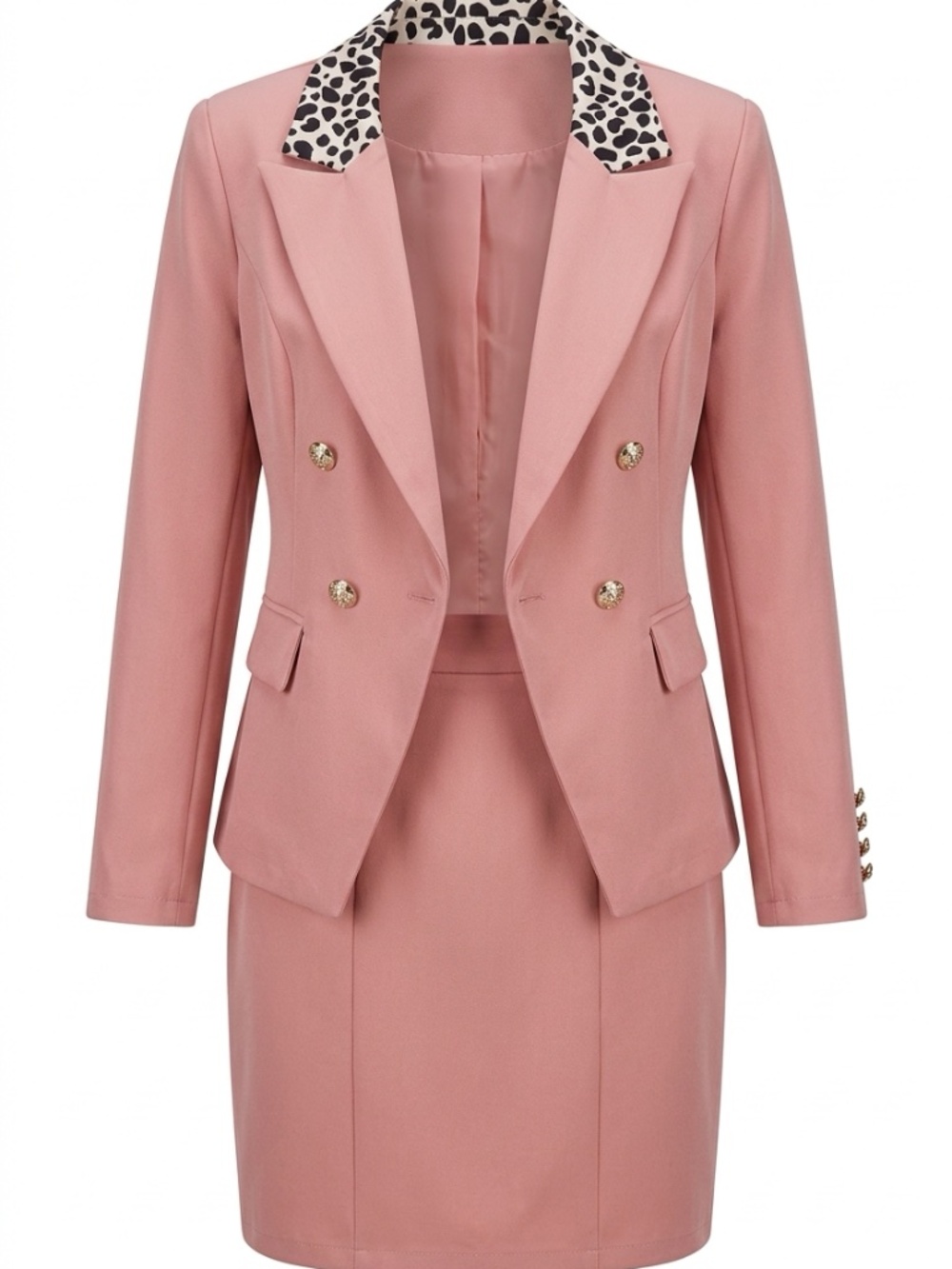 Blush Pink Double-Breasted Skirt Suit Animal Print Collar – Tailored Suit 8-10